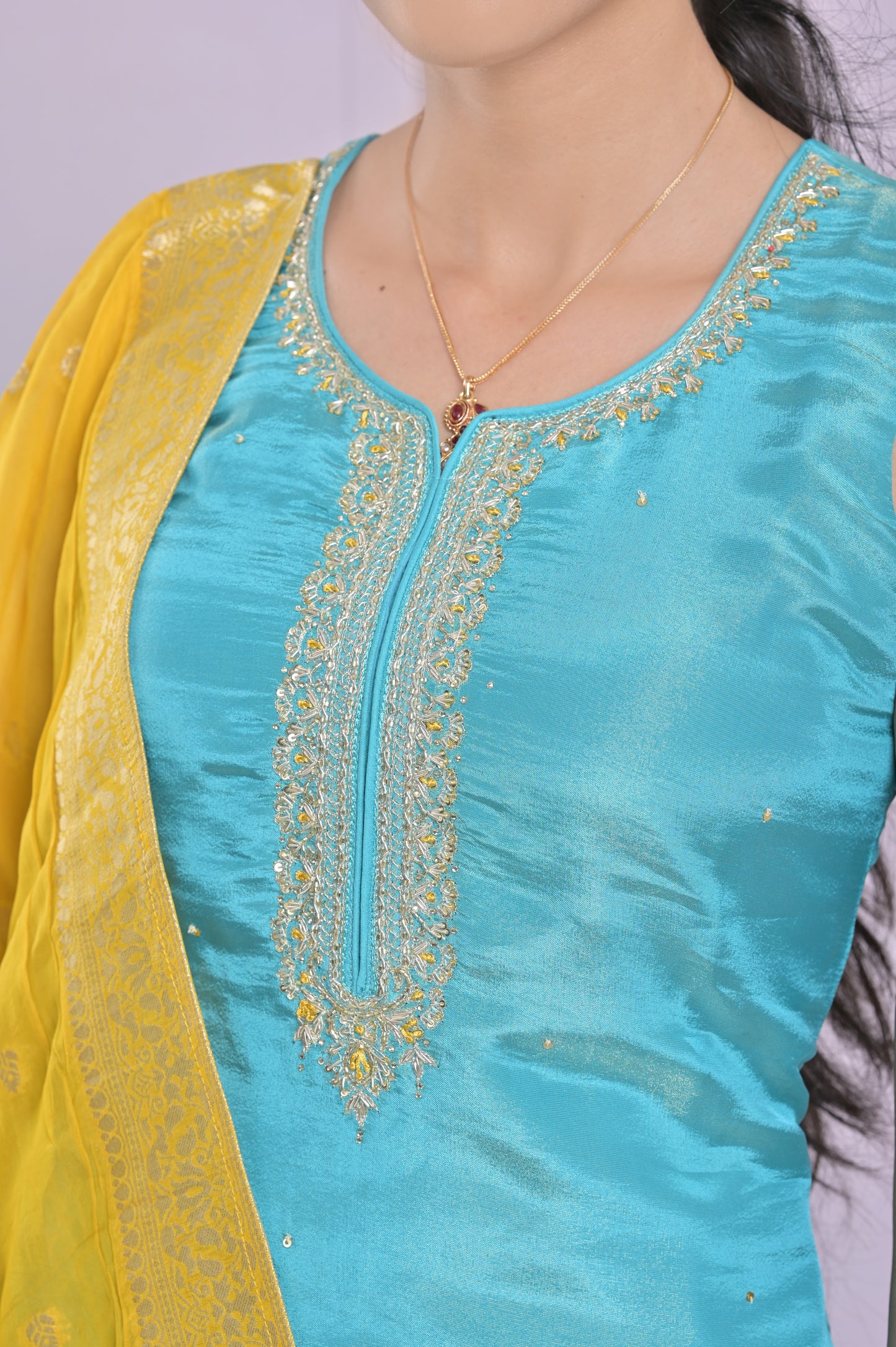 Turquoise Yellow Salwar With Beaded Detailing