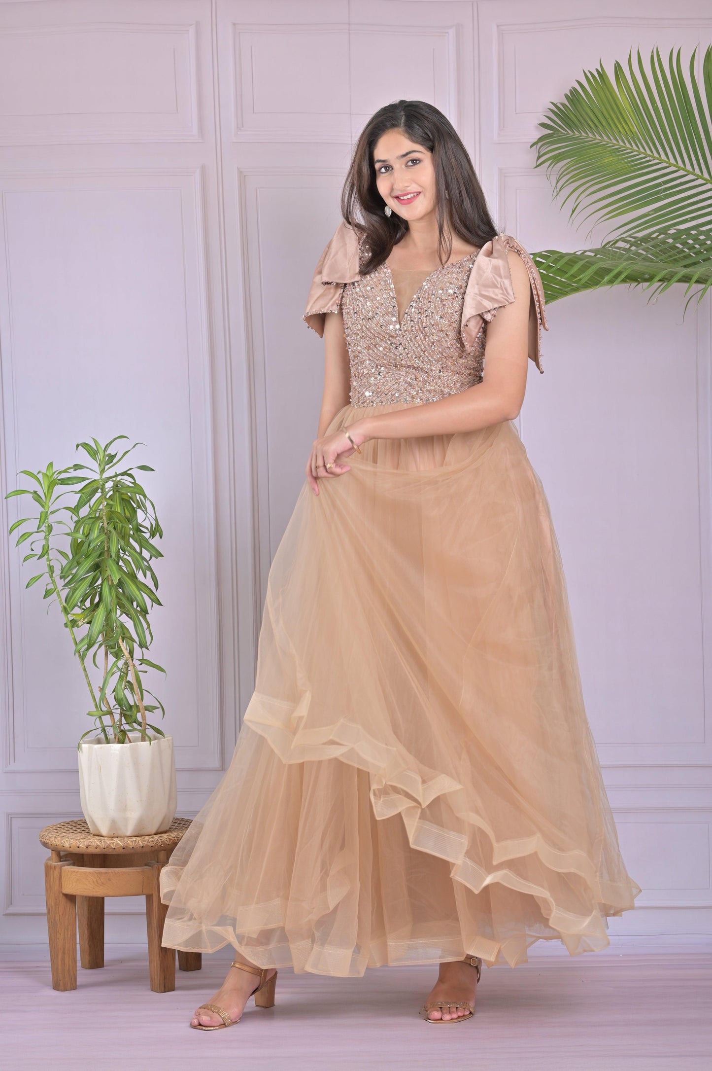 Champagne Gold Sequin Tulle Gown