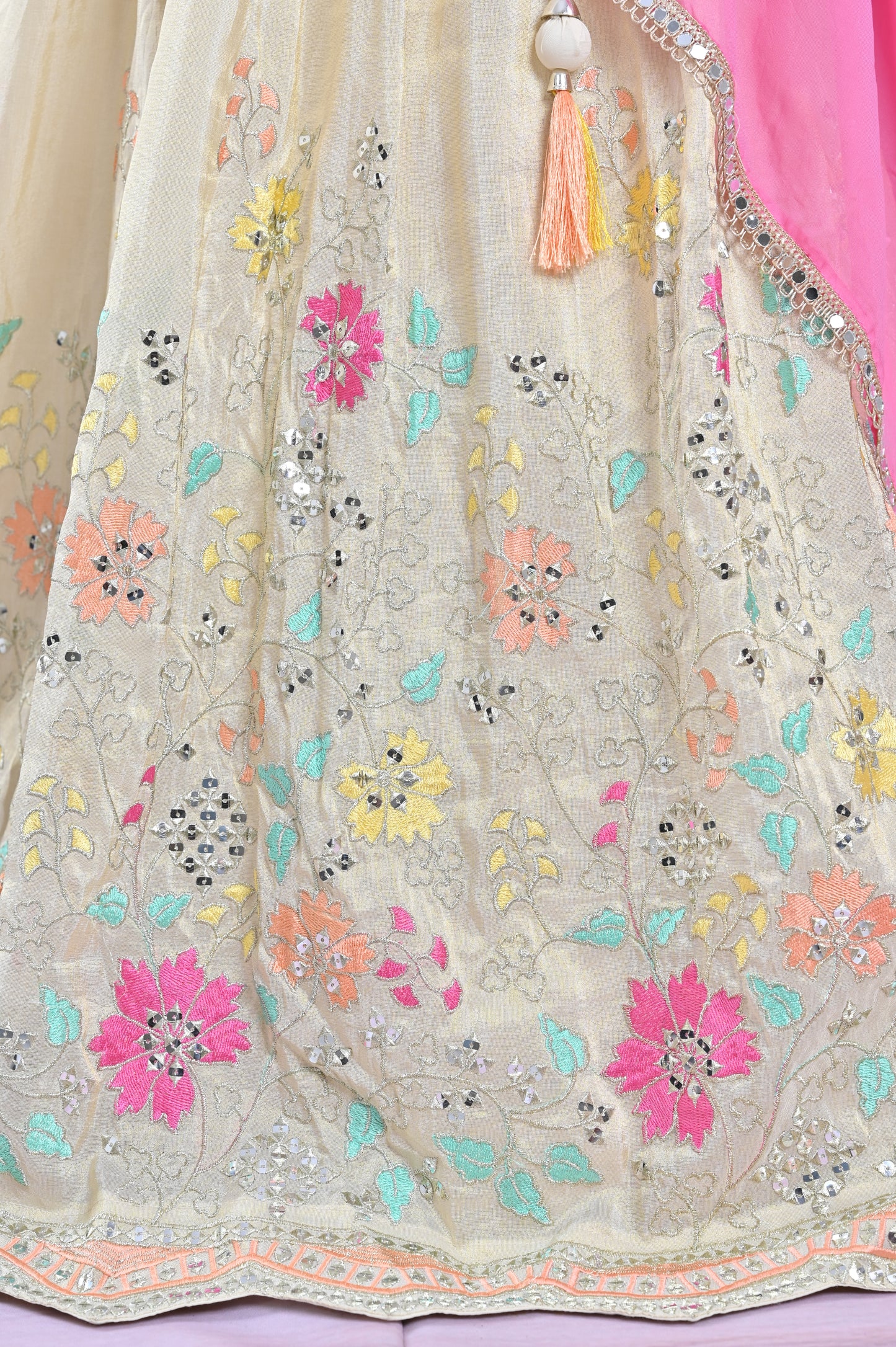Ivory Chiffon Lehenga Choli Set with Mirror Border