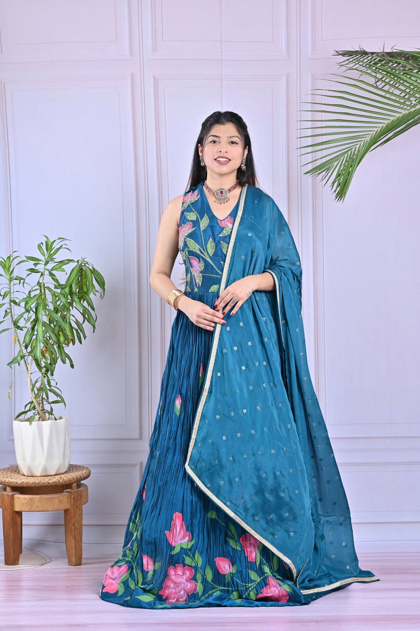Teal Blue Floral Flair Anarkali Set