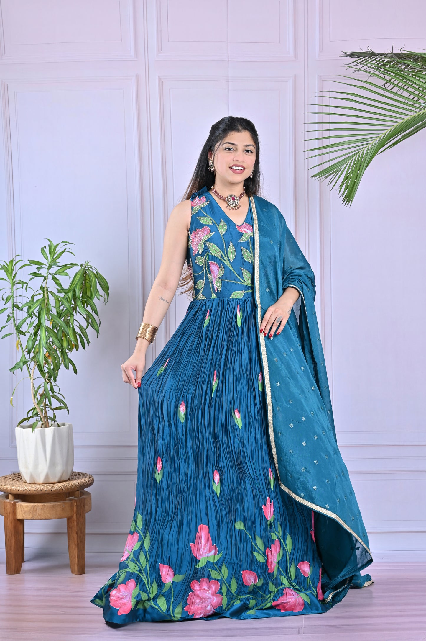 Teal Blue Floral Flair Anarkali Set