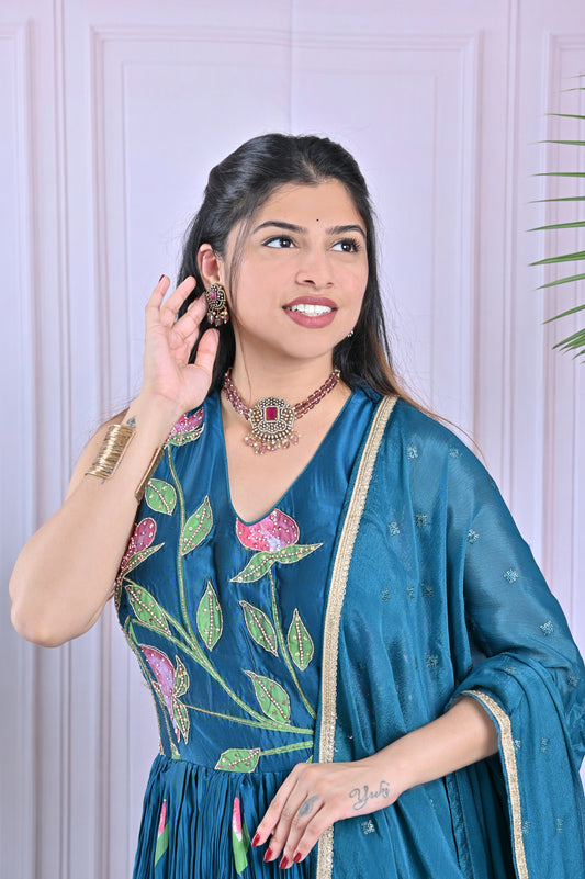 Teal Blue Floral Flair Anarkali Set