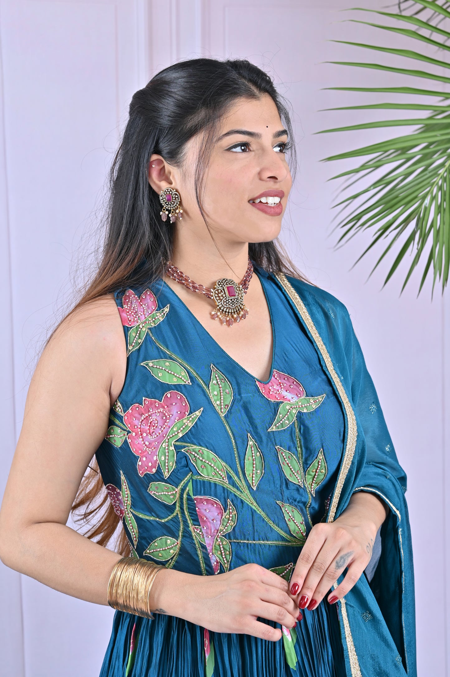 Teal Blue Floral Flair Anarkali Set