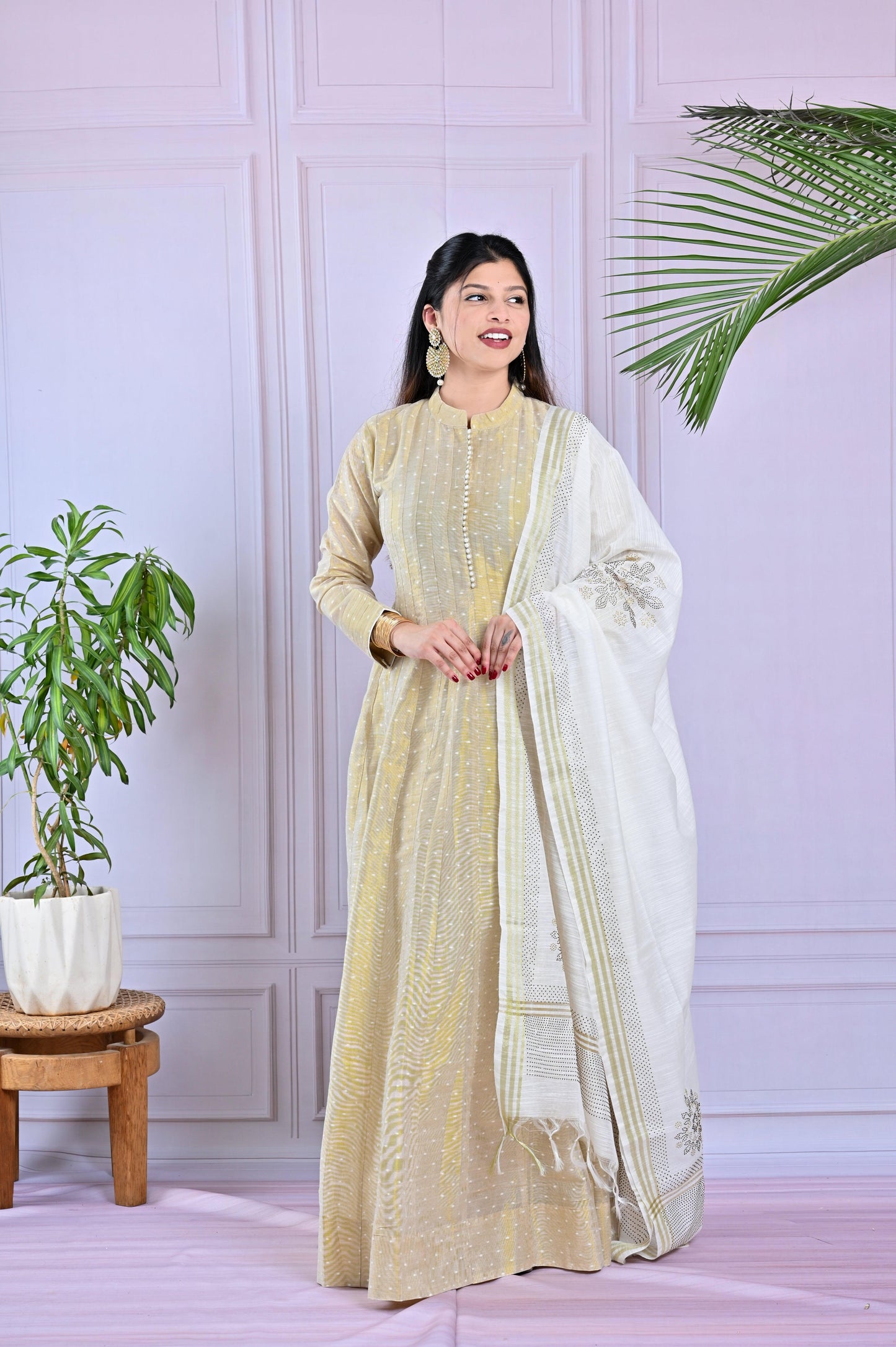 Ivory & Gold Handwoven Cotton Anarkali With Tasseled Dupatta