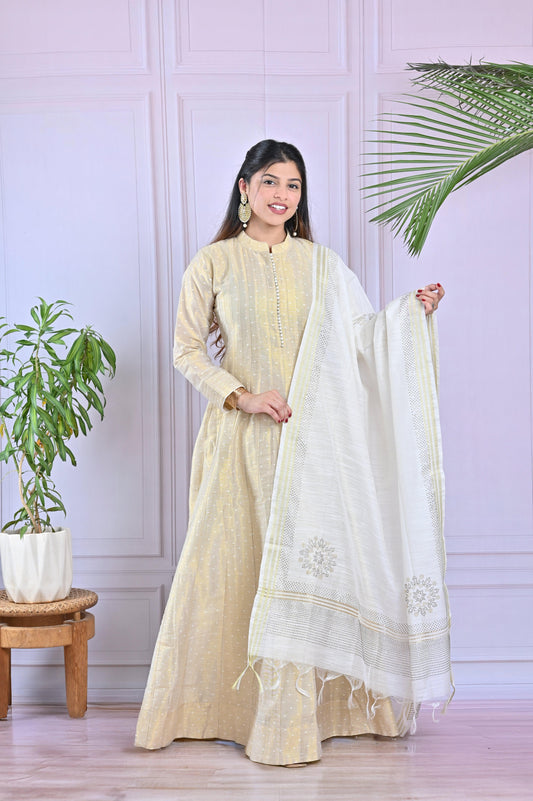 Ivory & Gold Handwoven Cotton Anarkali With Tasseled Dupatta