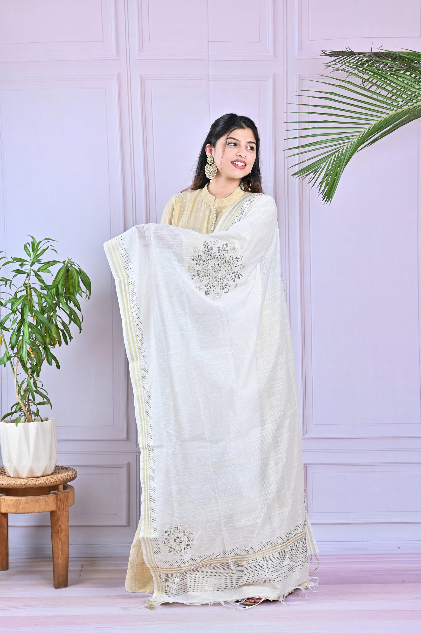 Ivory & Gold Handwoven Cotton Anarkali With Tasseled Dupatta