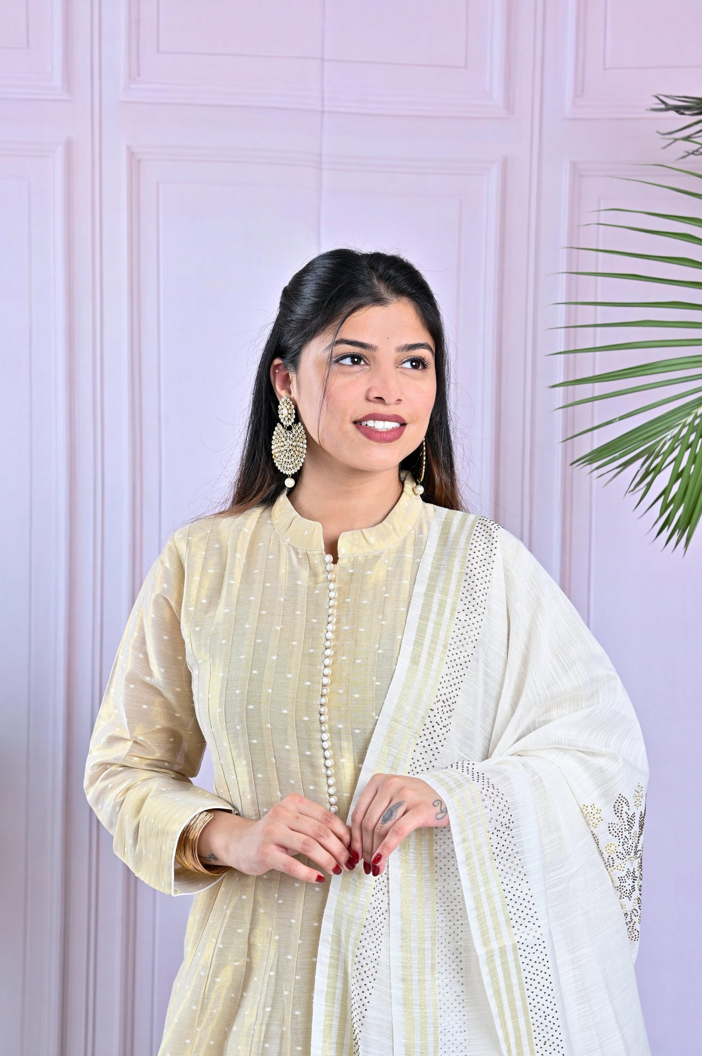 Ivory & Gold Handwoven Cotton Anarkali With Tasseled Dupatta