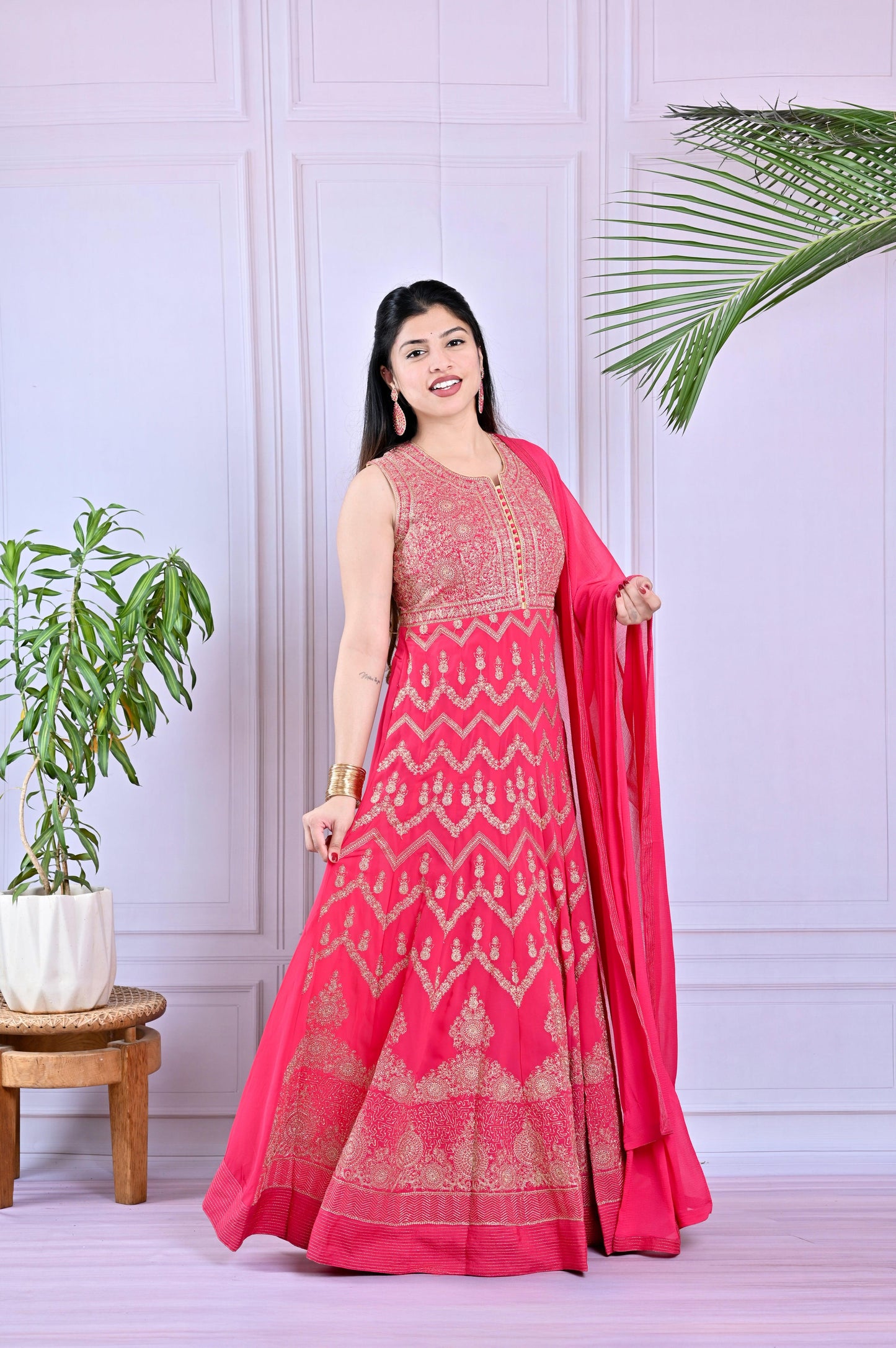 Carmine Pink Anarkali With Threaded Embroidery Set