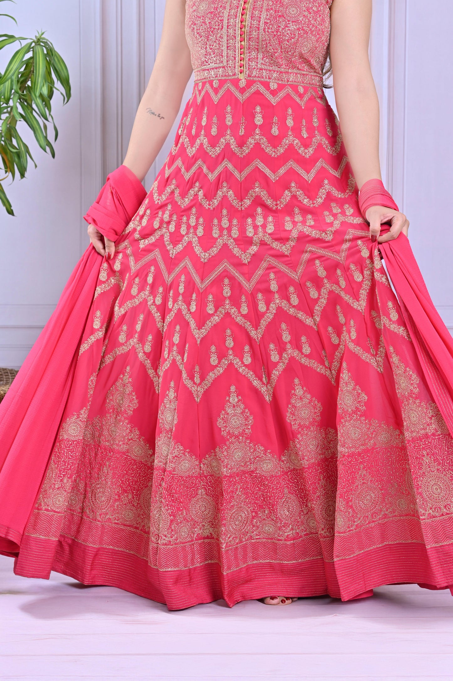 Carmine Pink Anarkali With Threaded Embroidery Set
