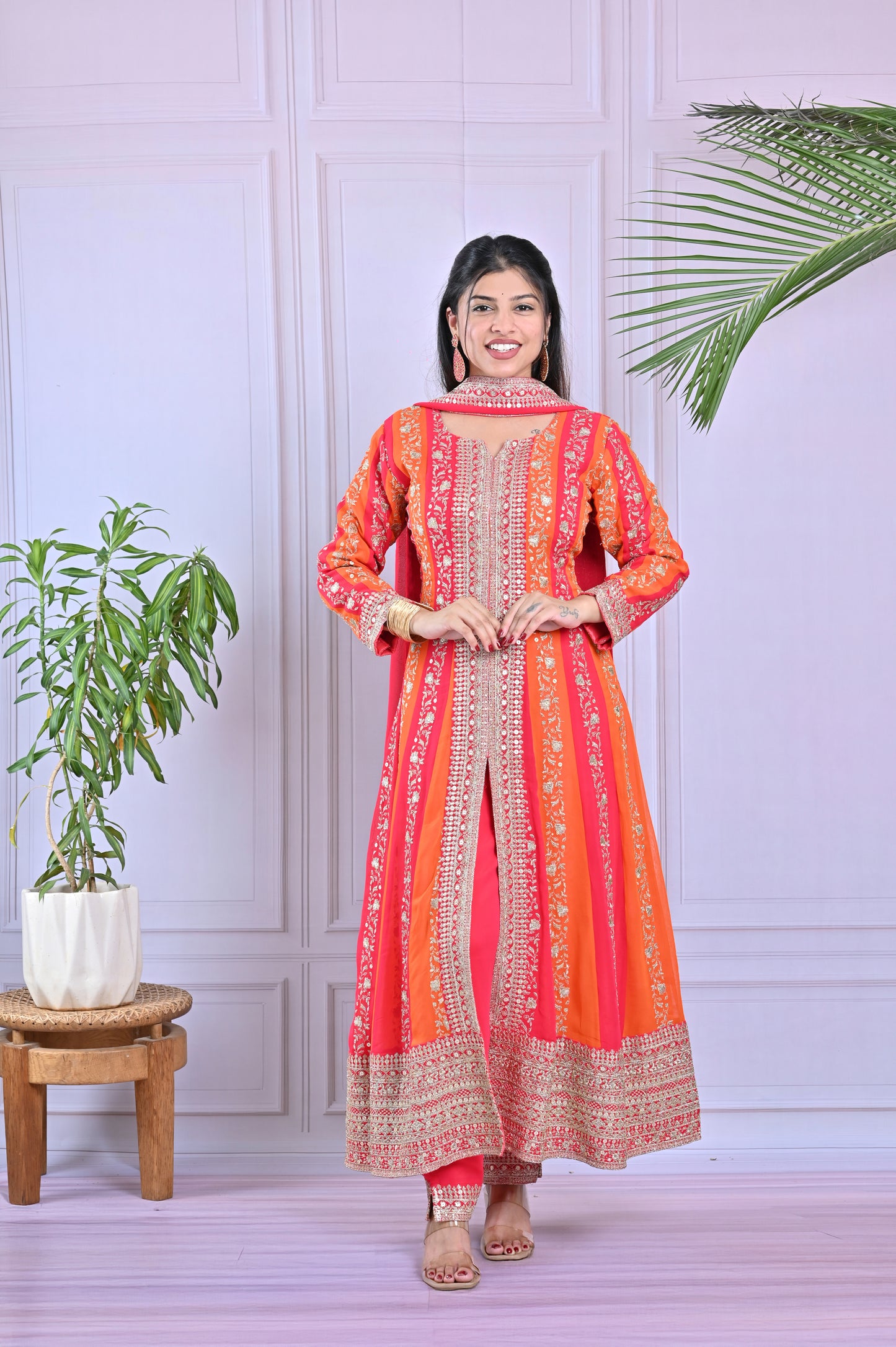 Vibrant Orange Embroidered Anarkali Set