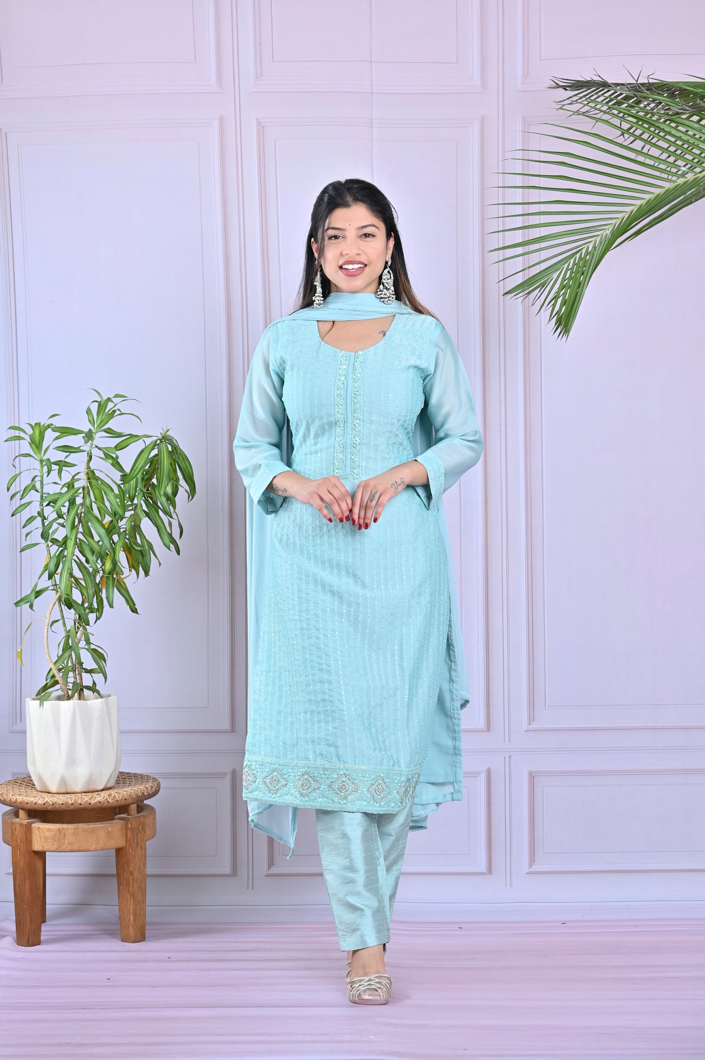 Pastel Blue Threadwork Salwar Set