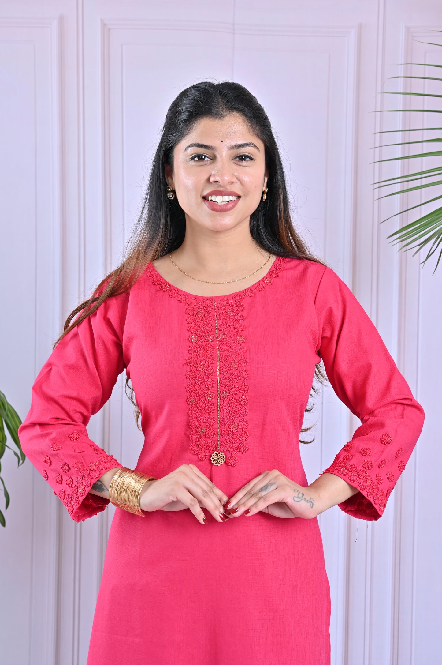 Rose Pink Embroidered Straight Kurti