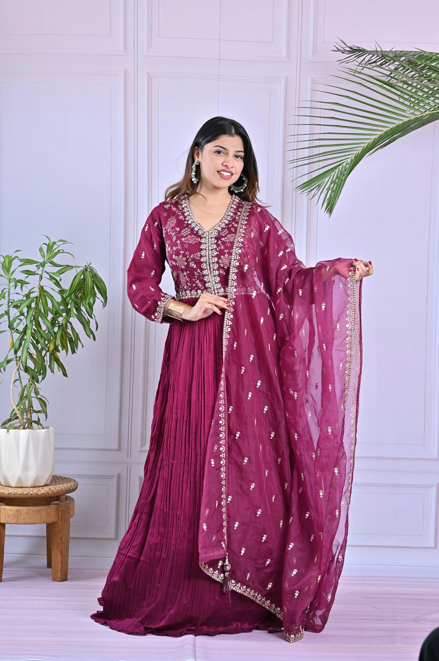 Wine Embellished Georgette Anarkali Suit