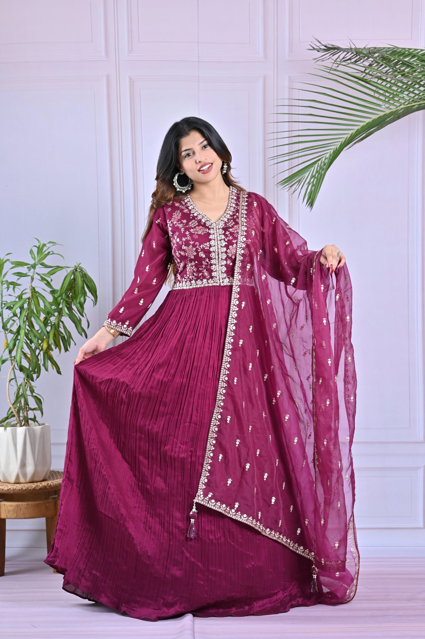 Wine Embellished Georgette Anarkali Suit