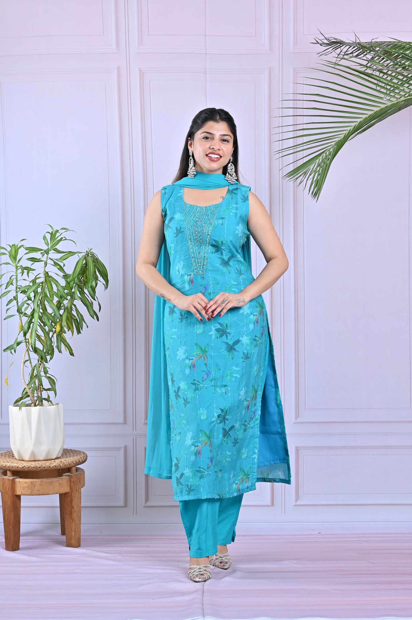 Aqua Blue Floral Printed Salwar