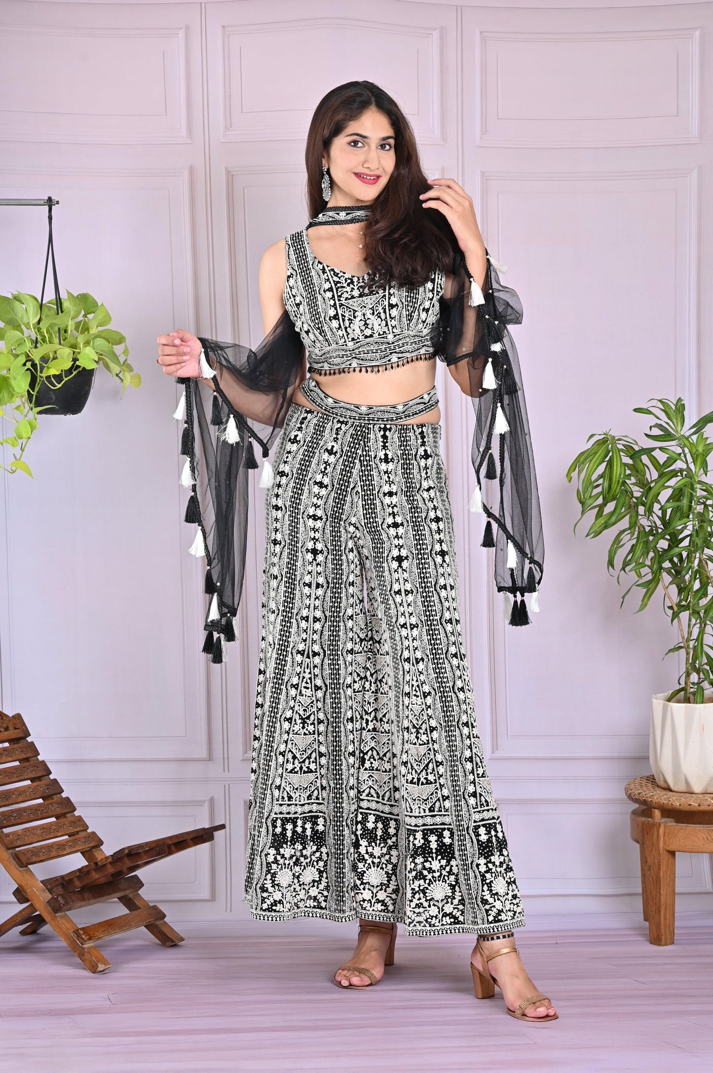 Black White Plazzo Suit