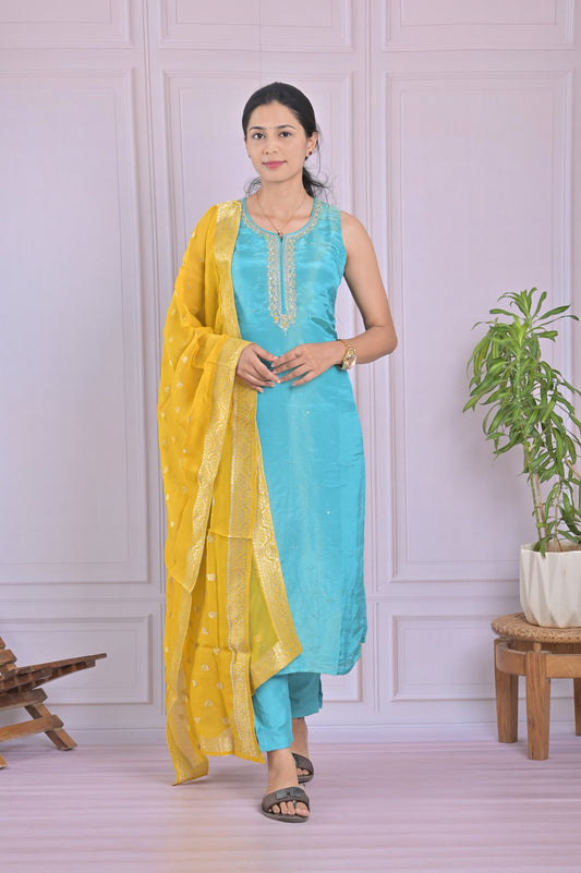 Turquoise Yellow Salwar With Beaded Detailing