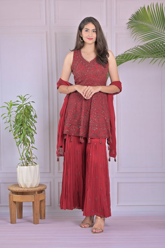 Maroon Embroidered Plazzo Set