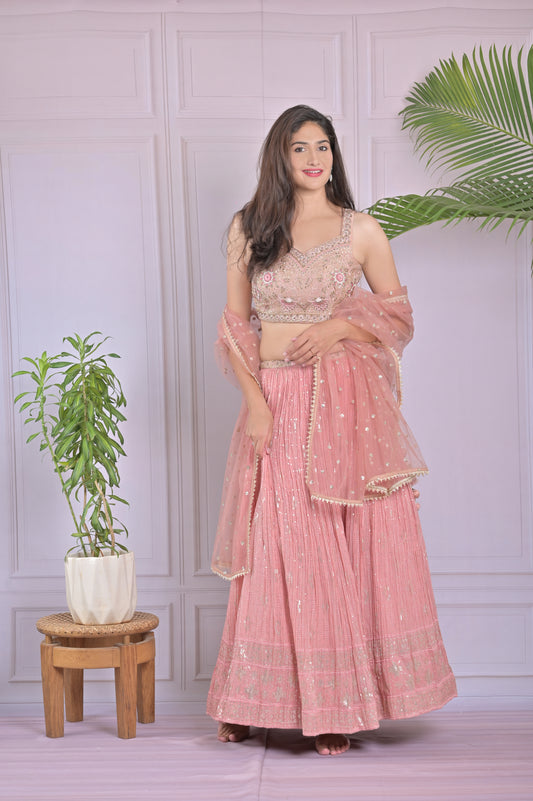 Blush Pink Mirror Work Embroidered Lehenga Set