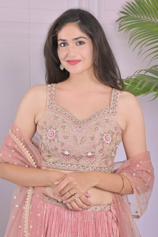 Blush Pink Mirror Work Embroidered Lehenga Set