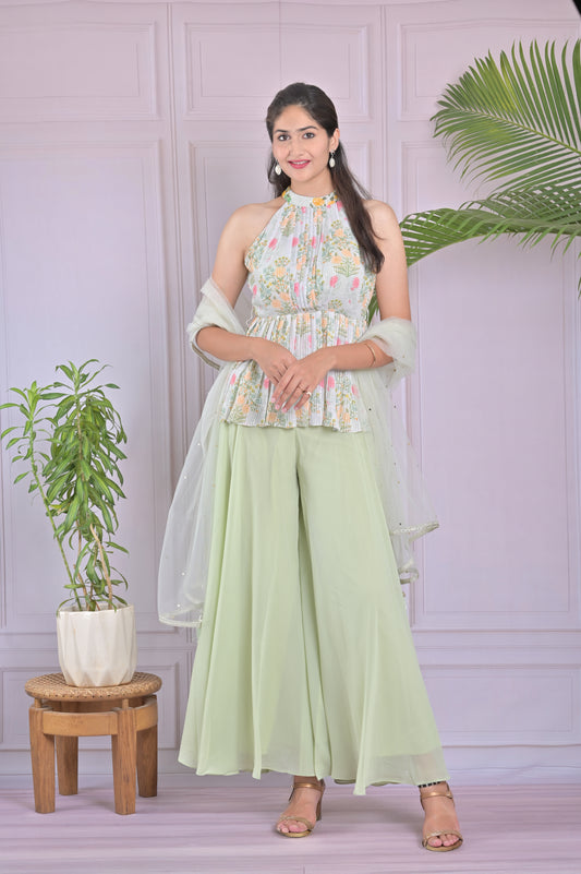 Pistachio Green Embroidered Peplum Plazzo Set