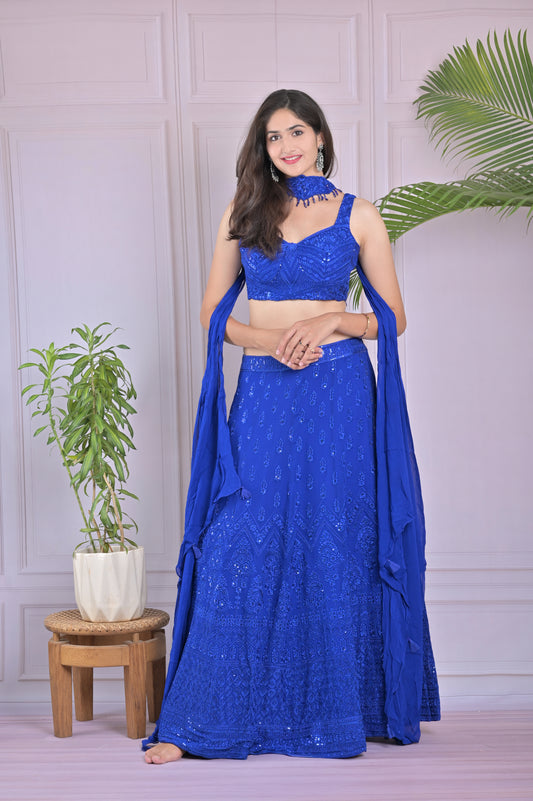 Royal Blue Lehenga Embellished In Sequin With Choker Dupatta