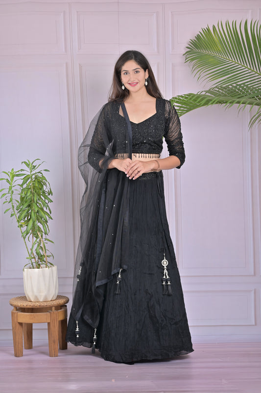 Midnight Black Net Lehenga Choli With Sequin Work