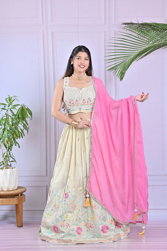 Ivory Chiffon Lehenga Choli Set with Mirror Border