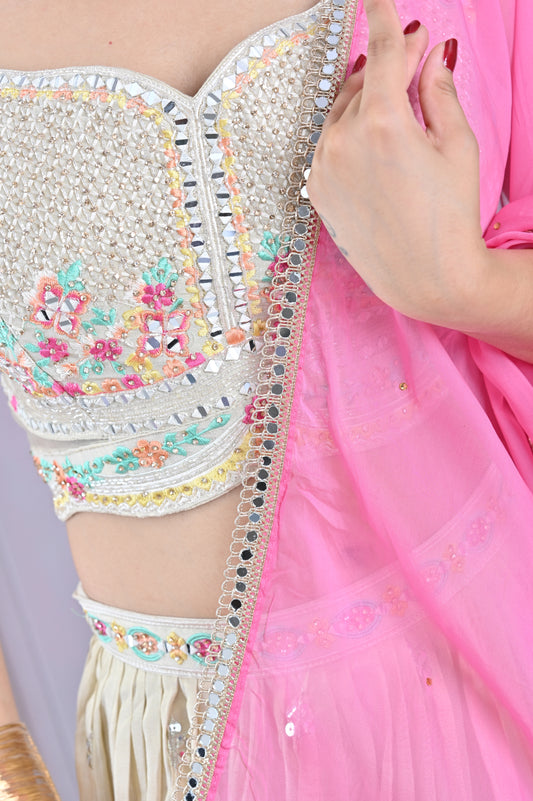 Ivory Chiffon Lehenga Choli Set with Mirror Border