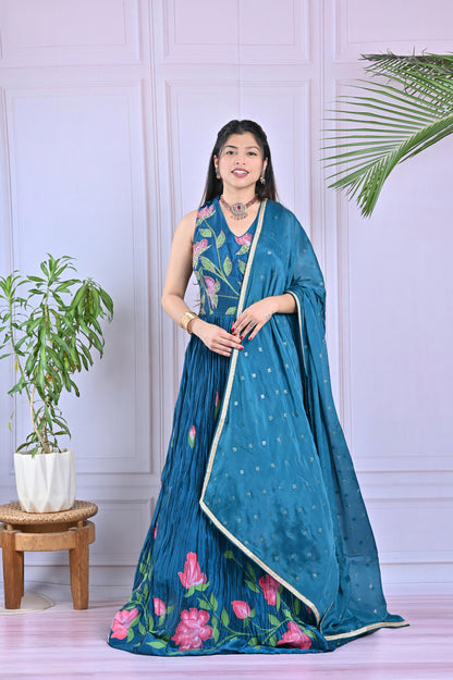 Teal Blue Floral Flair Anarkali Set