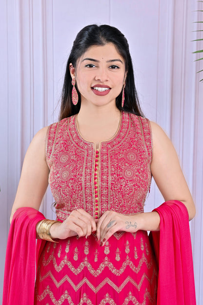 Carmine Pink  Anarkali With Threaded Embroidery Set