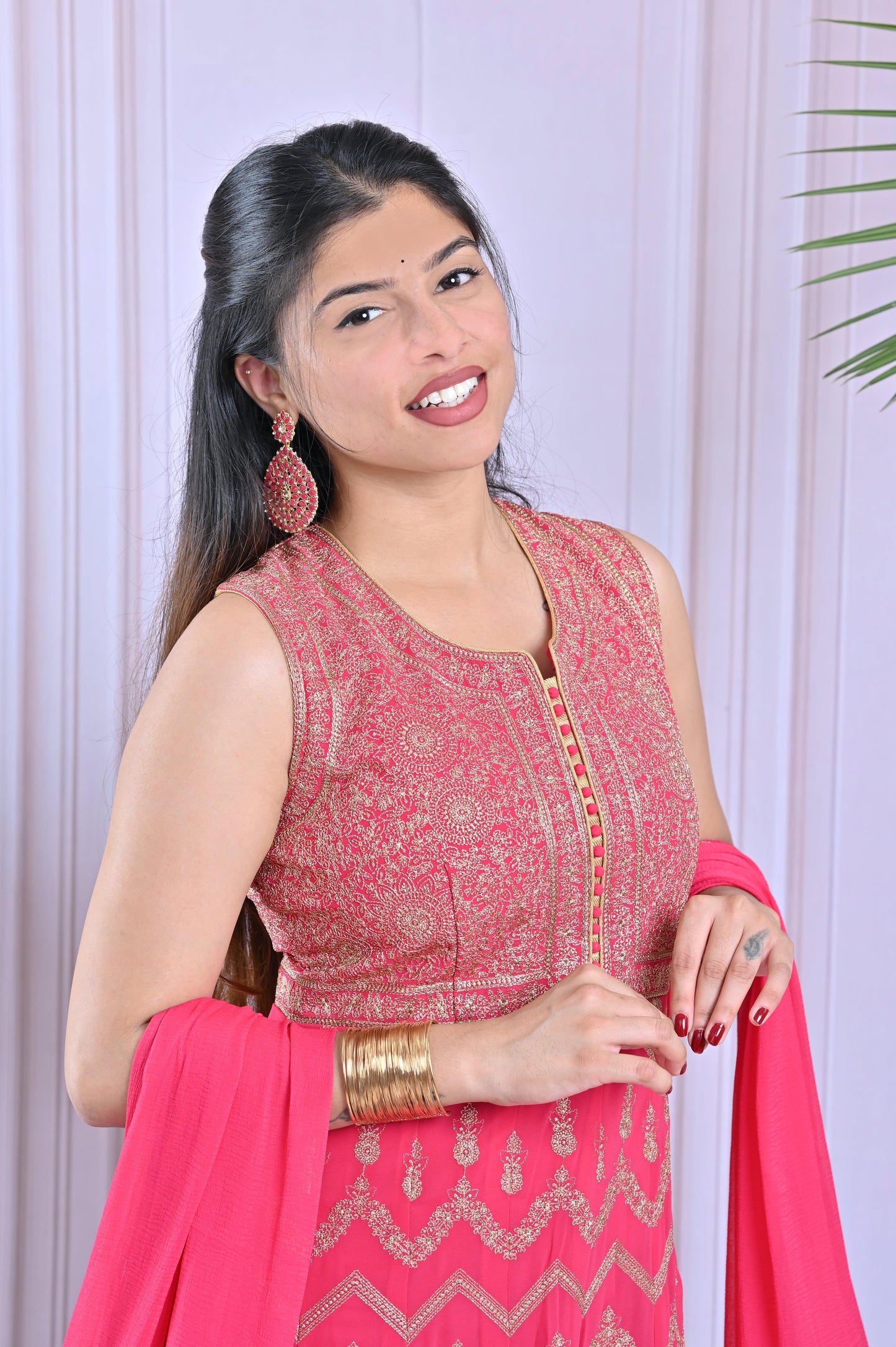 Carmine Pink  Anarkali With Threaded Embroidery Set