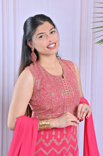 Carmine Pink  Anarkali With Threaded Embroidery Set