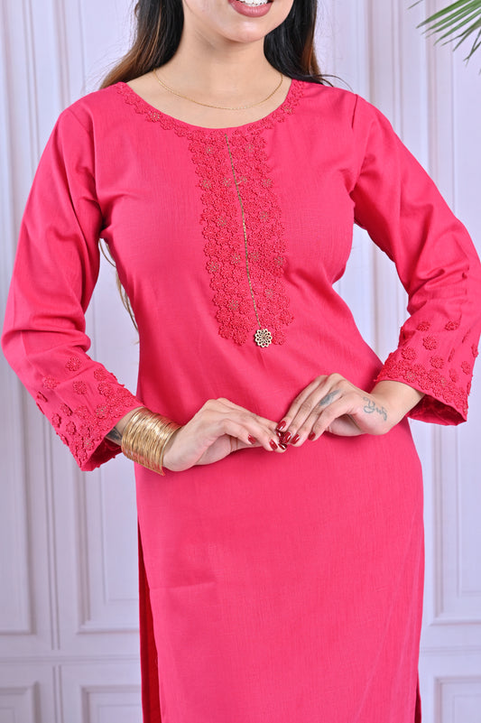 Rose Pink Embroidered Kurti Set