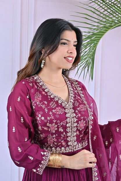 Wine Embellished Georgette Anarkali Suit