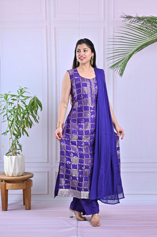 Royal Purple Woven Pattern Kurti Set