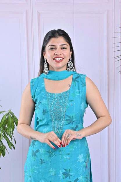 Aqua Blue Floral Printed Salwar