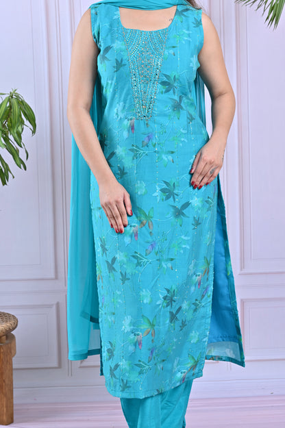 Aqua Blue Floral Printed Salwar