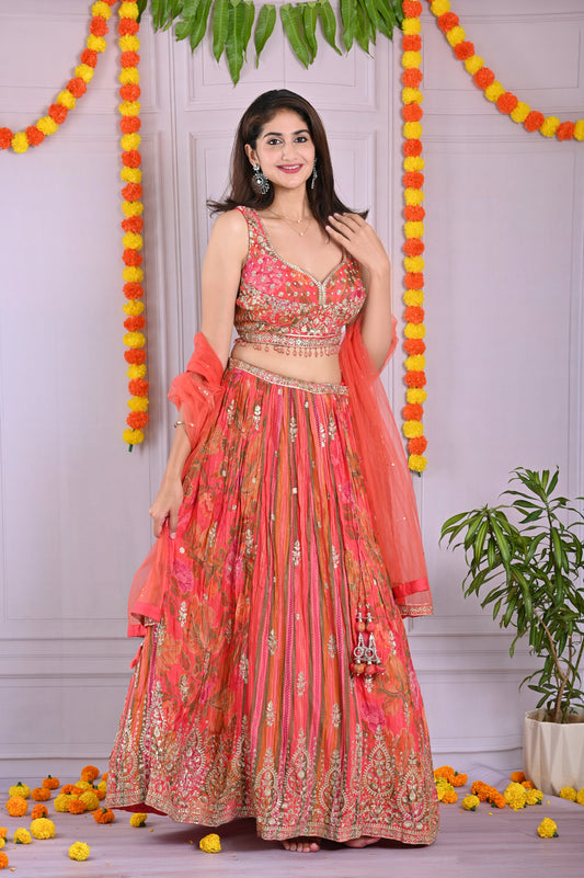 Coral Red Printed Zari Lehenga Set